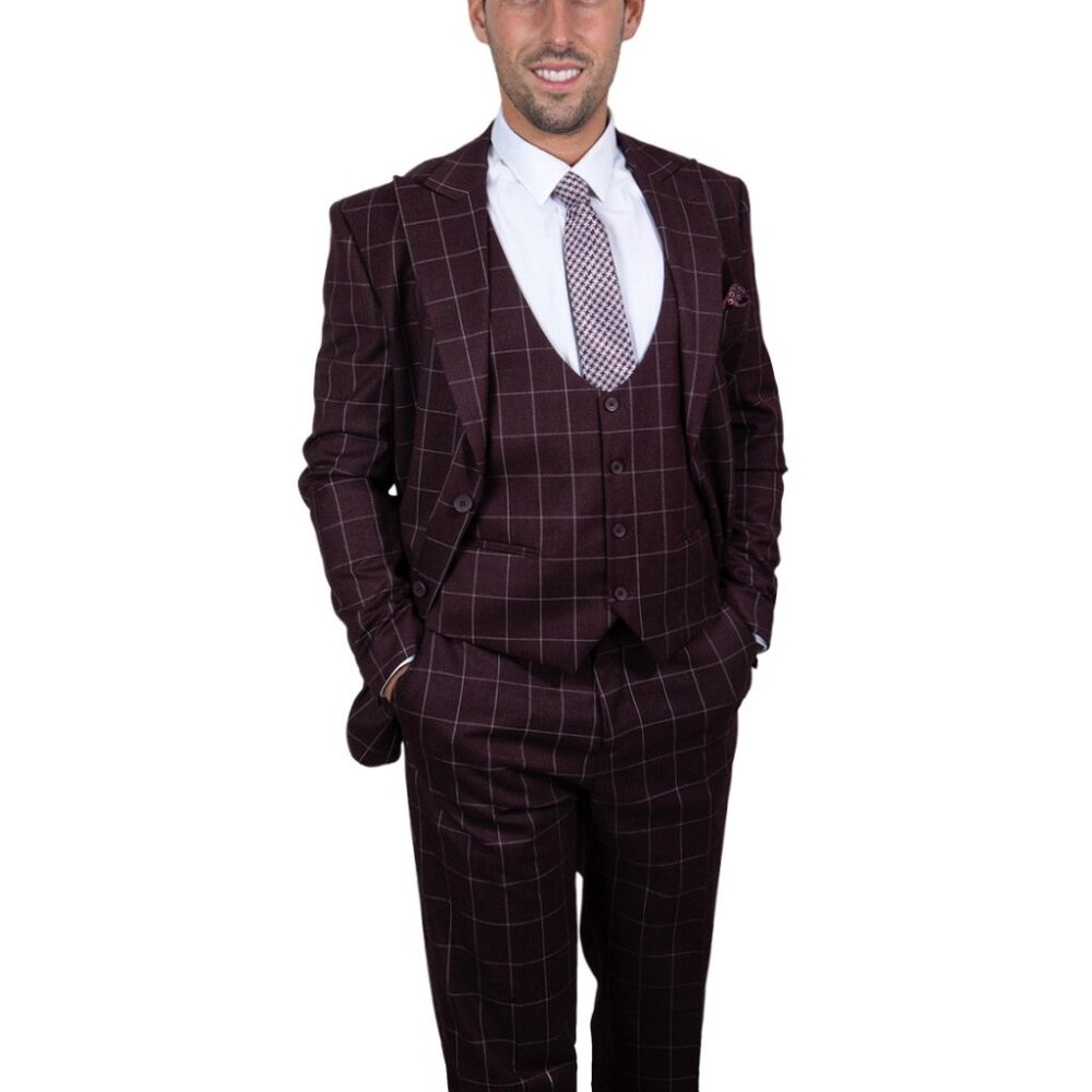 Burgundy Windowpane 3 piece Stacy Adams Men's suit